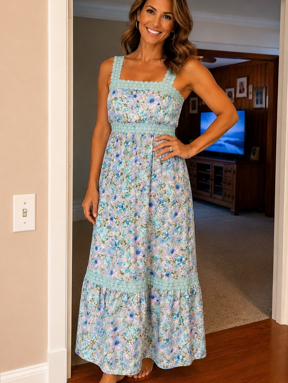 Pastel Floral Maxi Dress with Crochet Trim in Light Blue medium